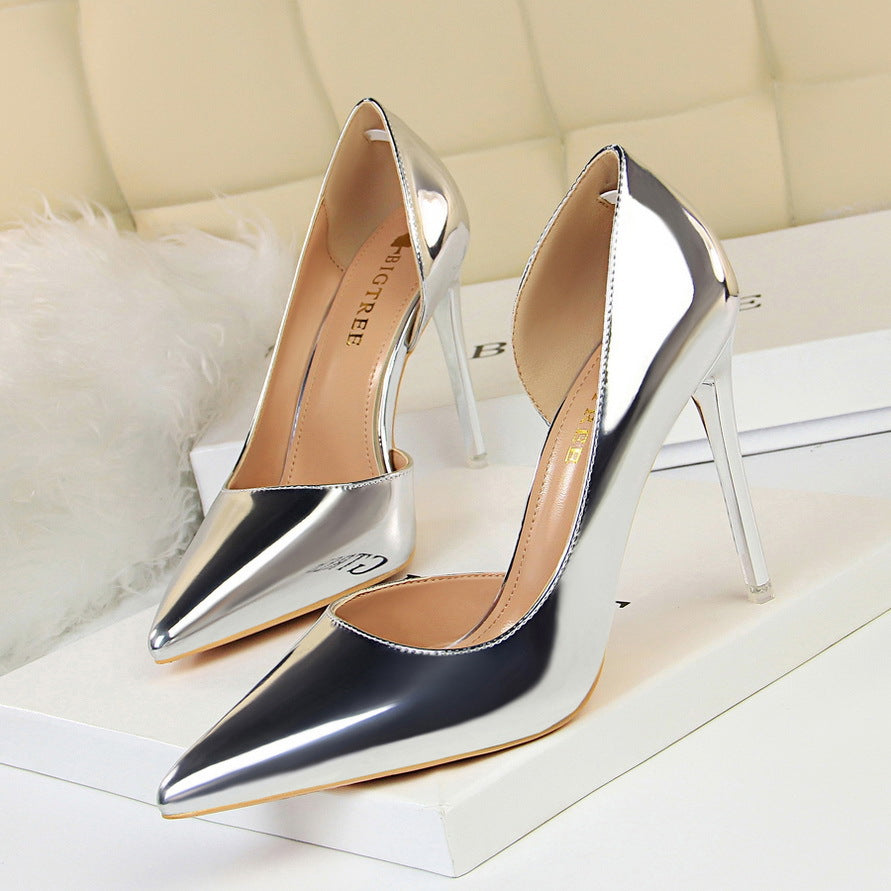 High Heels Simple Stiletto Heel Metal Heel High Heel Low Cut Pointed Toe Side Hollow Out Cutout Sexy Pumps