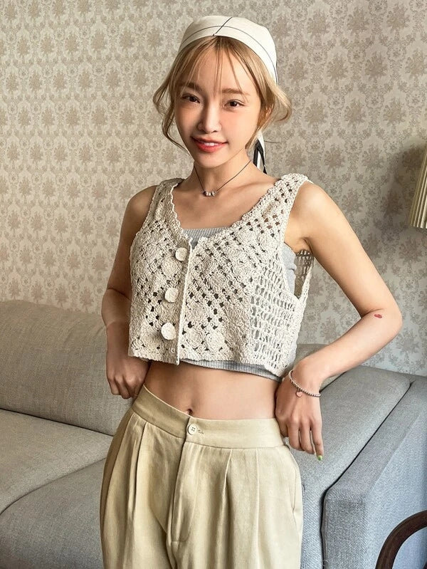 Women Summer Vacation Crochet Solid V Neck Tank Crop Camis Crochet hook