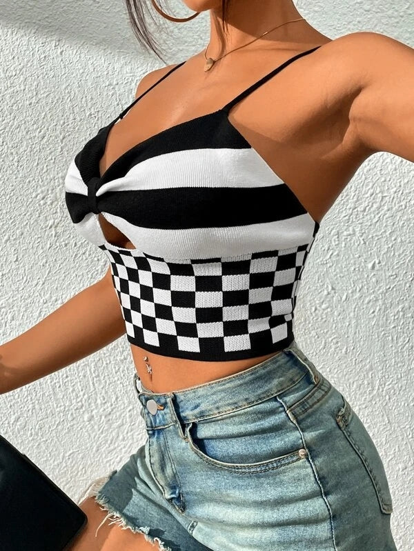 Women Summer Sexy V Neck Black And White Check Short Camis Crochet hook