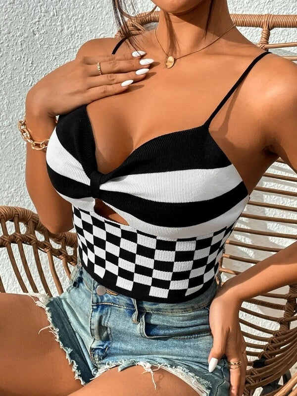Women Summer Sexy V Neck Black And White Check Short Camis Crochet hook