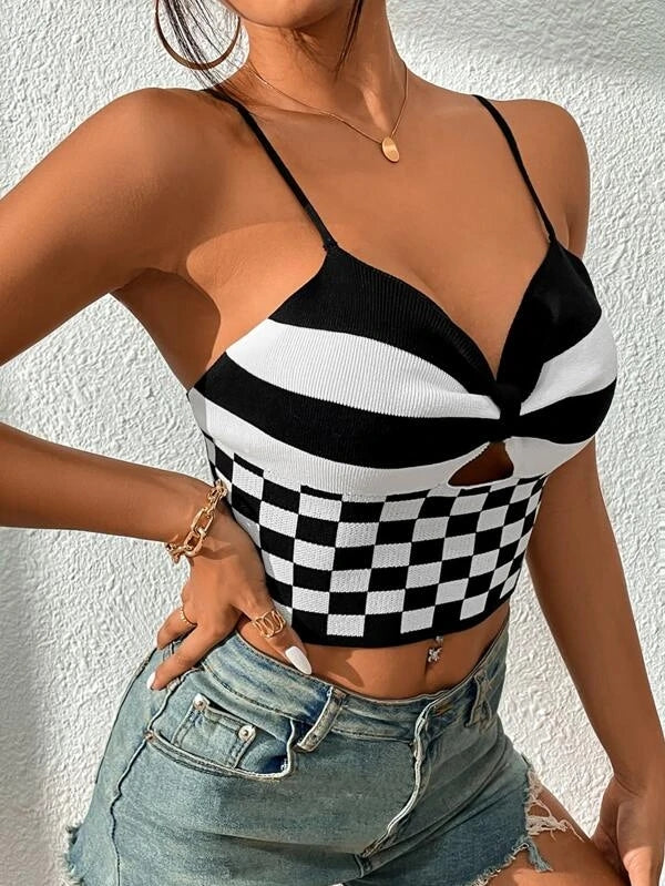 Women Summer Sexy V Neck Black And White Check Short Camis Crochet hook