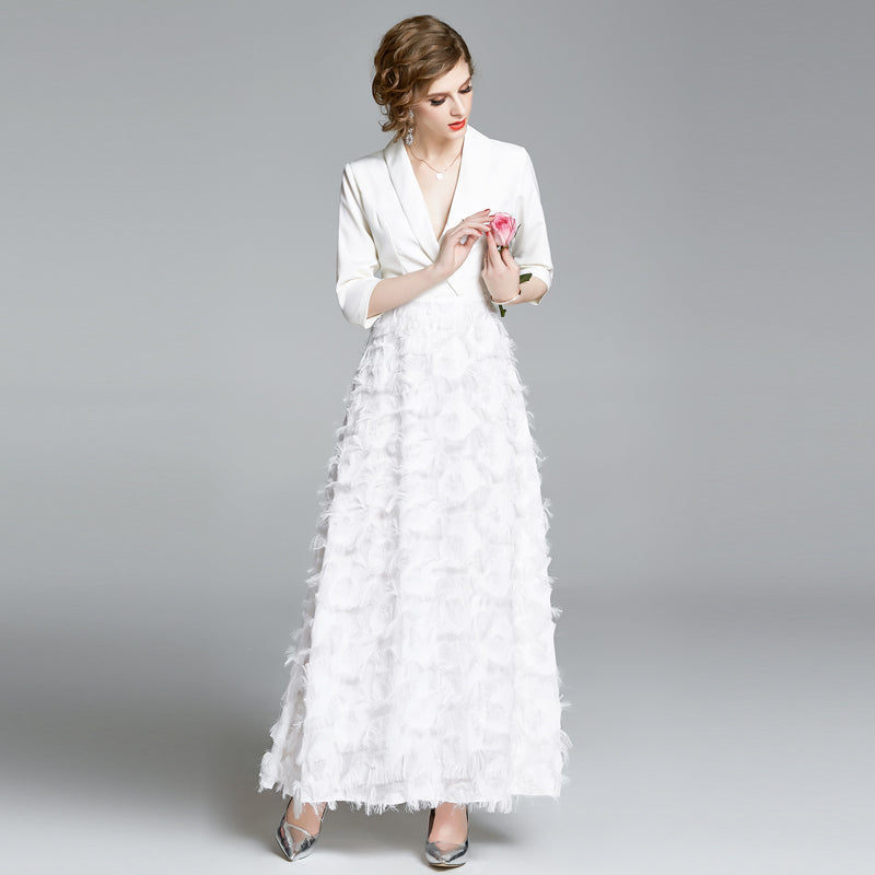 New Vintage Tassel Patchwork Long Large Swing Suit Collar Temperament White Dress