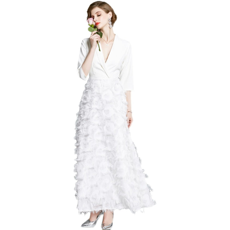 New Vintage Tassel Patchwork Long Large Swing Suit Collar Temperament White Dress