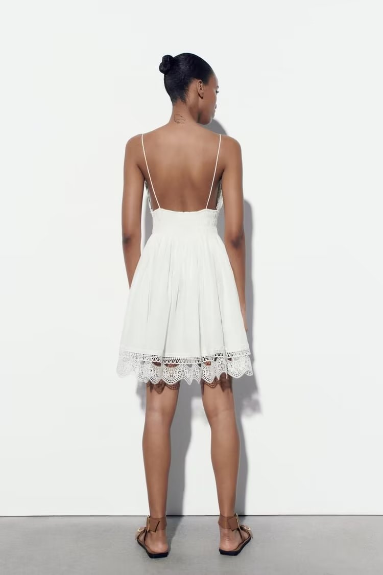 Summer Women Tight Waist V neck Lace Crochet Strap Dress