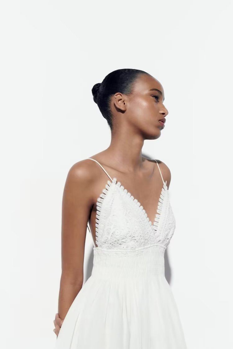 Summer Women Tight Waist V neck Lace Crochet Strap Dress