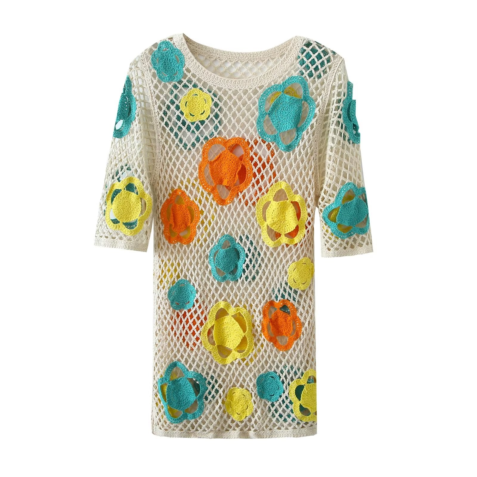 Summer Women Large Mesh Crochet Color Short Dress Mini Dress