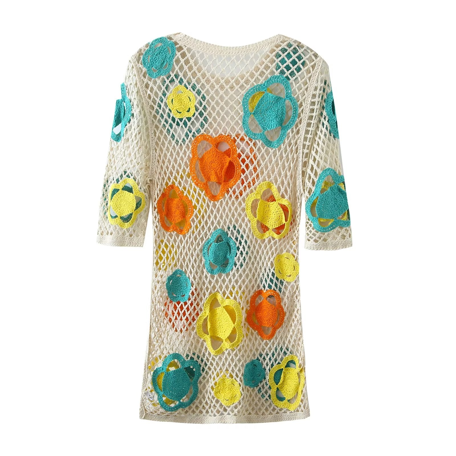Summer Women Large Mesh Crochet Color Short Dress Mini Dress