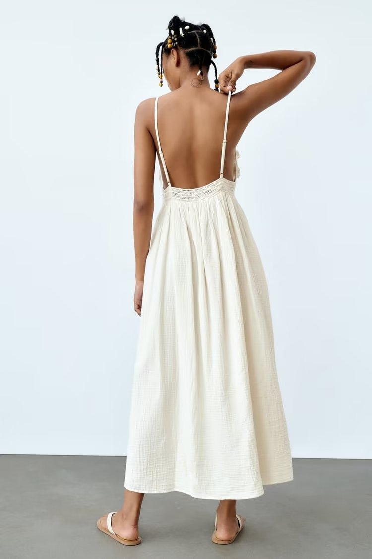 Women Same Color Stitching Crochet Decoration Adjustable Spaghetti Strap V neck Strap Dress