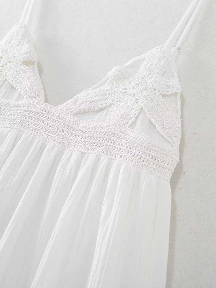 Women Same Color Stitching Crochet Decoration Adjustable Spaghetti Strap V neck Strap Dress