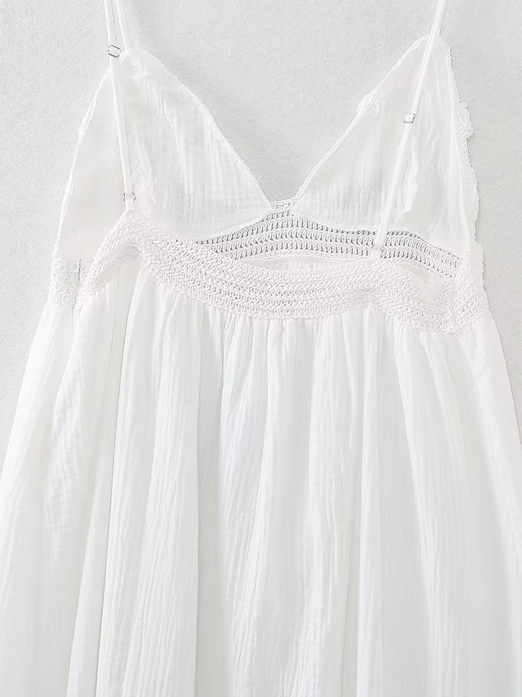 Women Same Color Stitching Crochet Decoration Adjustable Spaghetti Strap V neck Strap Dress