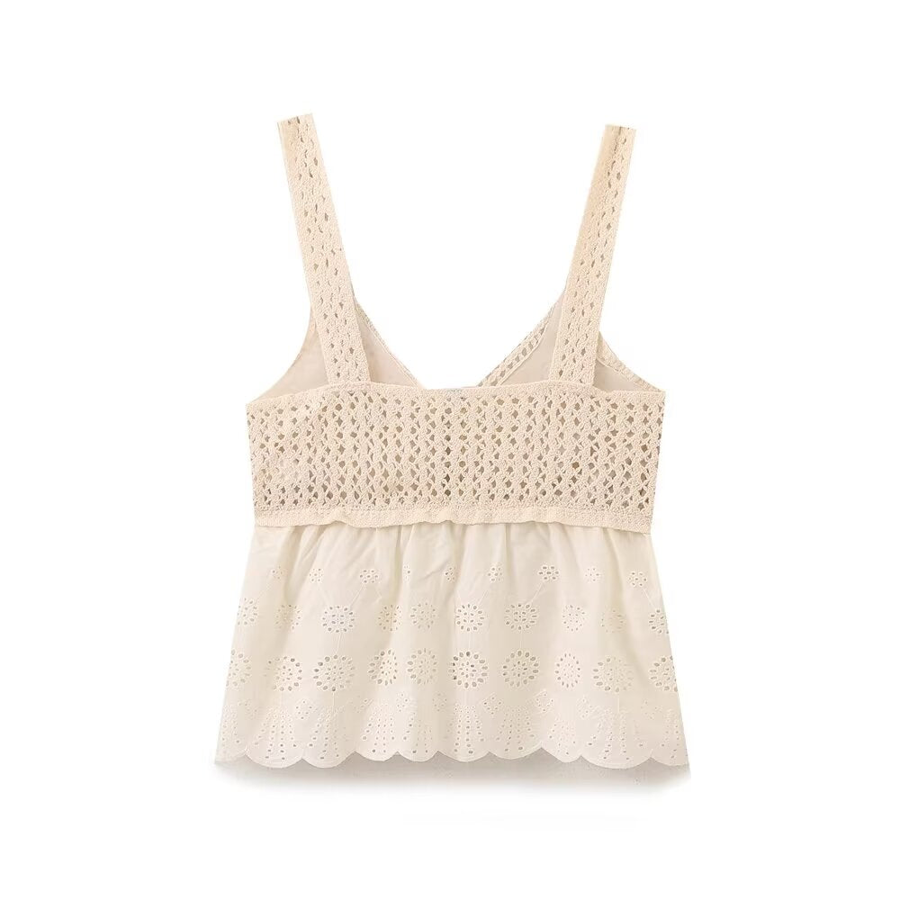 Summer Women Clothing Hollowed out Embroidery Stitching Knitted Sling Top