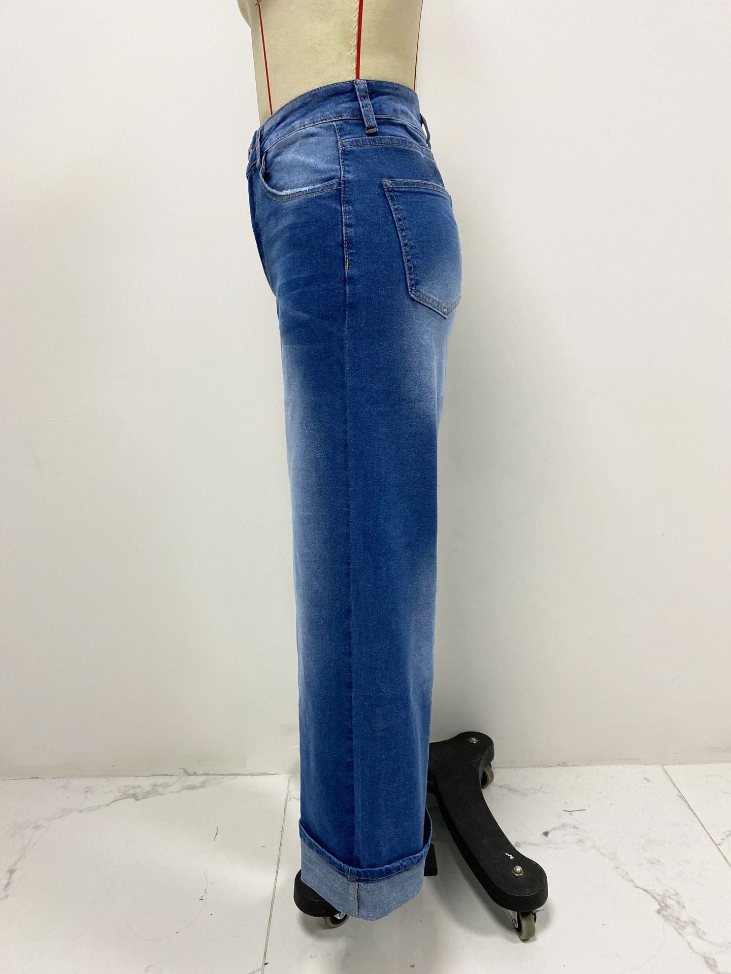 Spring High Waisted Trousers Foot Curling Straight Jeans Women Casual Wide Leg Pants