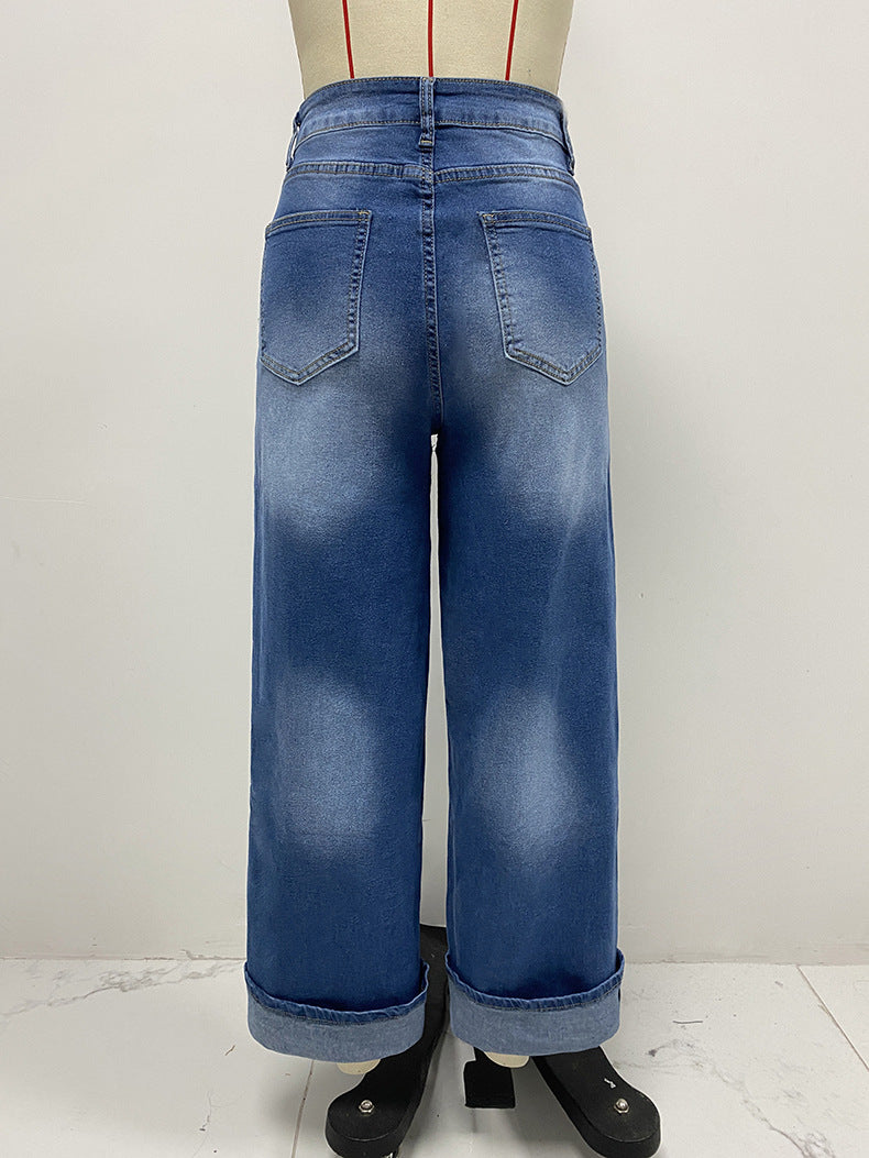 Spring High Waisted Trousers Foot Curling Straight Jeans Women Casual Wide Leg Pants