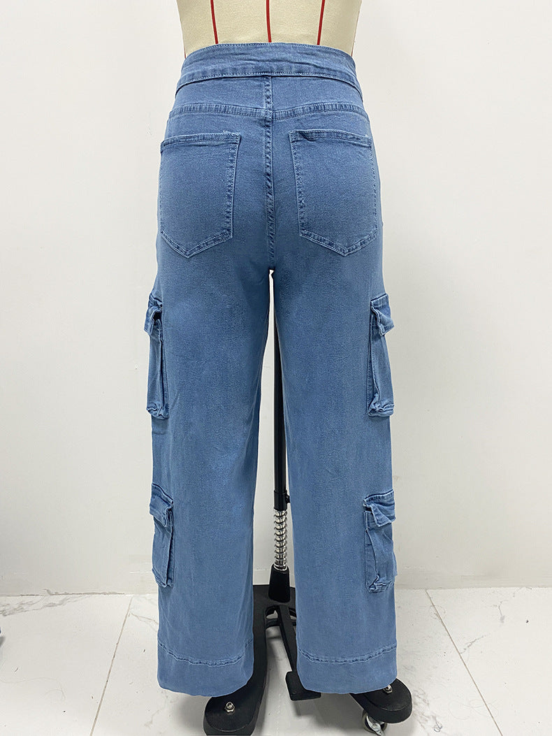 Spring Street Washed Cargo Pants Women Multi Pocket Wide Leg Lace up Jeans