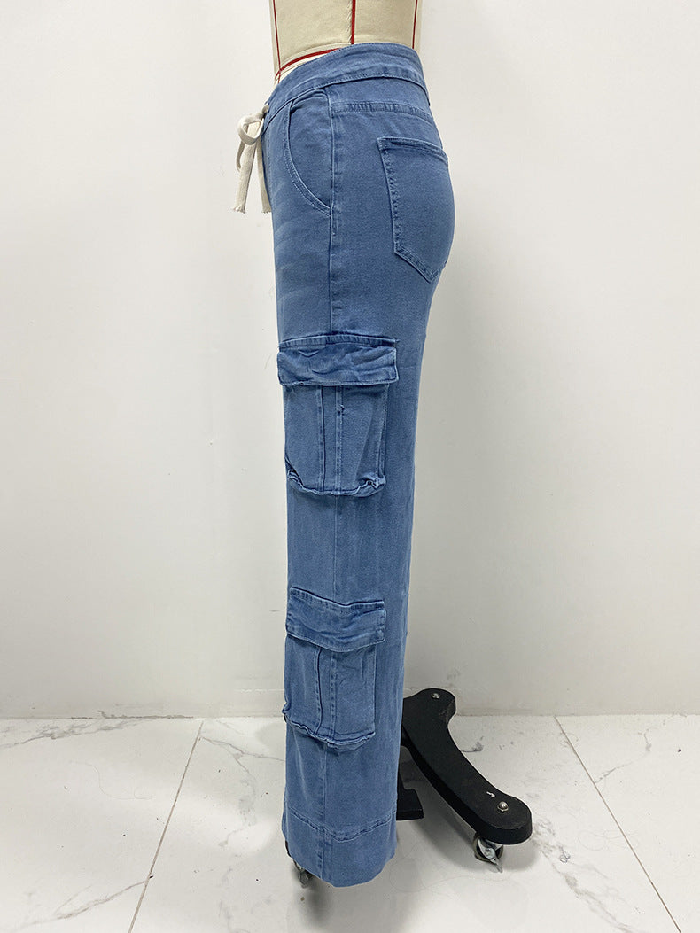 Spring Street Washed Cargo Pants Women Multi Pocket Wide Leg Lace up Jeans