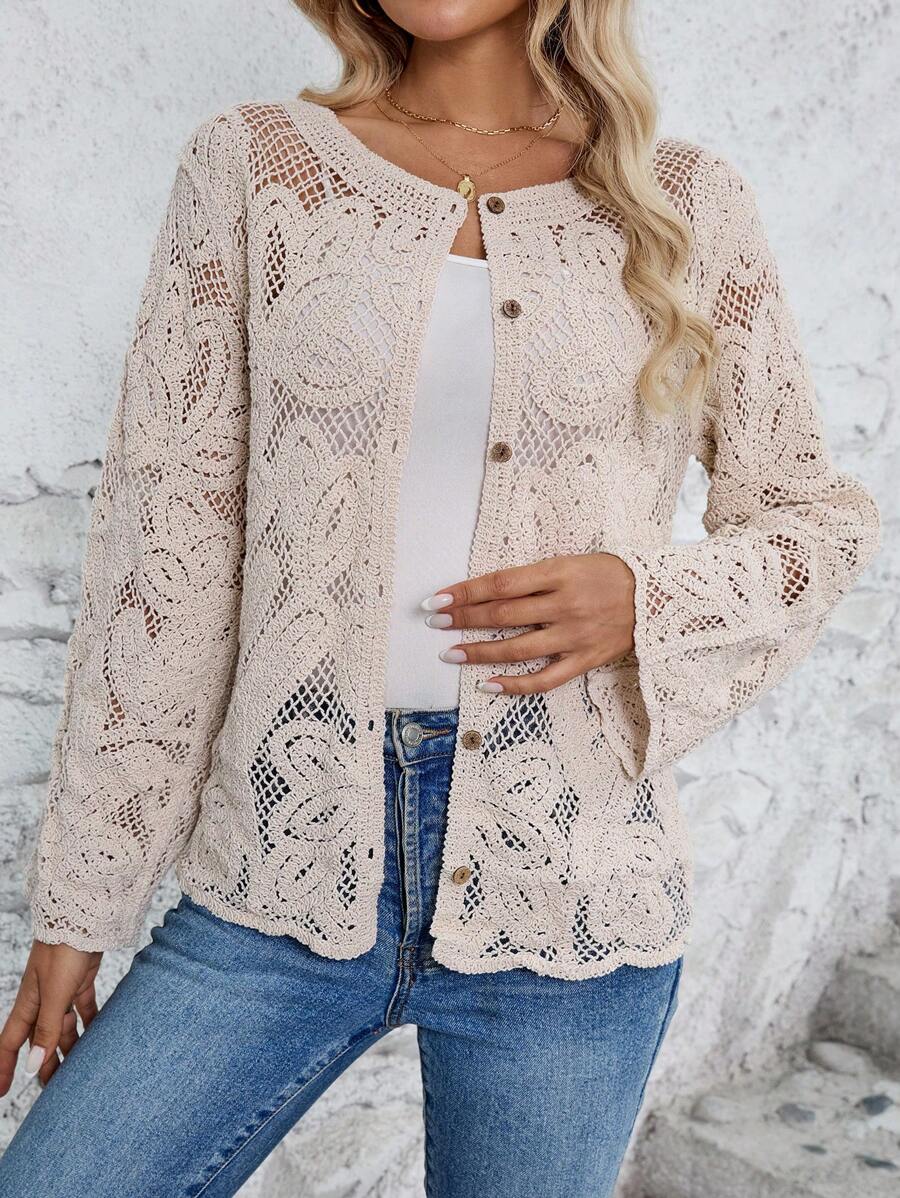 Women Spring And Autumn Hollow Hook Weave Crewneck Long Sleeves Cardigan