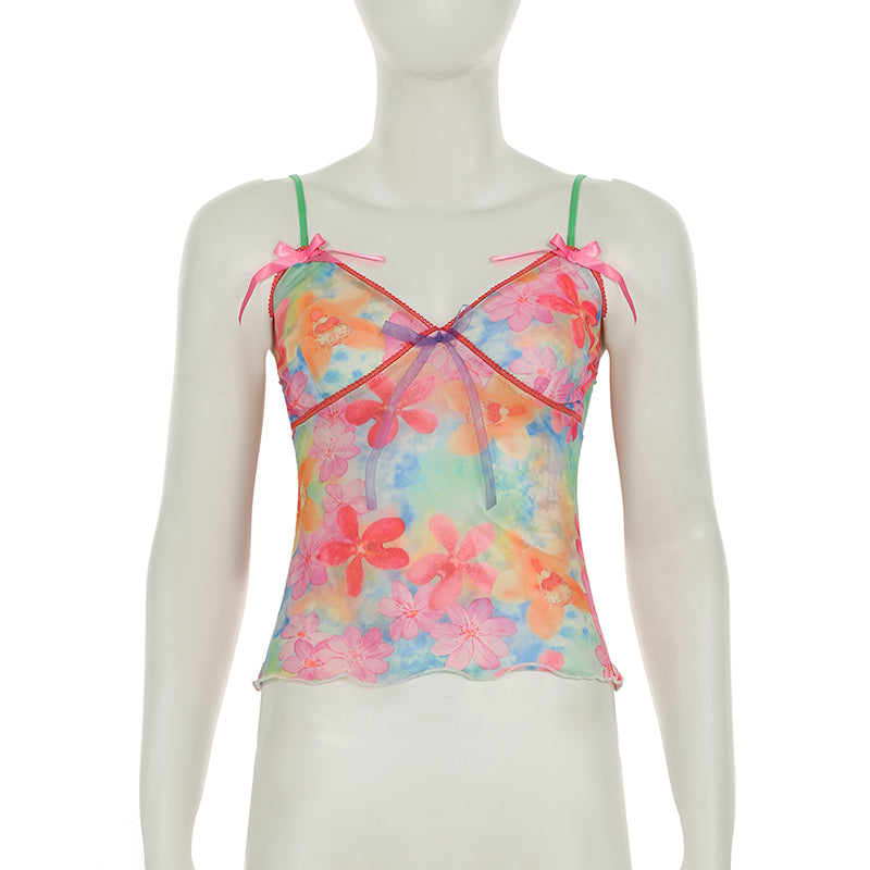 Sweet Sexy Bow Lace up Chest Floral Print See through Mesh Camisole Vest Beach Vacation Small Top