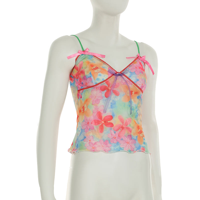 Sweet Sexy Bow Lace up Chest Floral Print See through Mesh Camisole Vest Beach Vacation Small Top