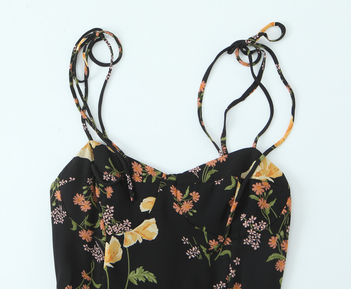 Sexy High Waist Split Floral Slip Dress Summer Tight Waist Slim Mid Length Holiday Dress