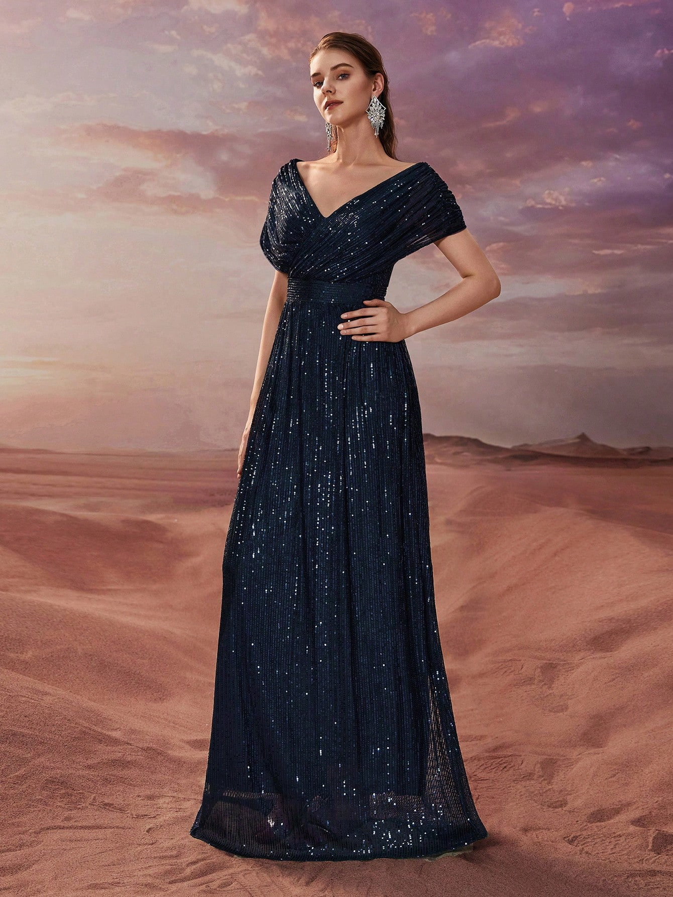 Women Simple Dress Sequined V neck Shawl Short Sleeve Party Evening Dress