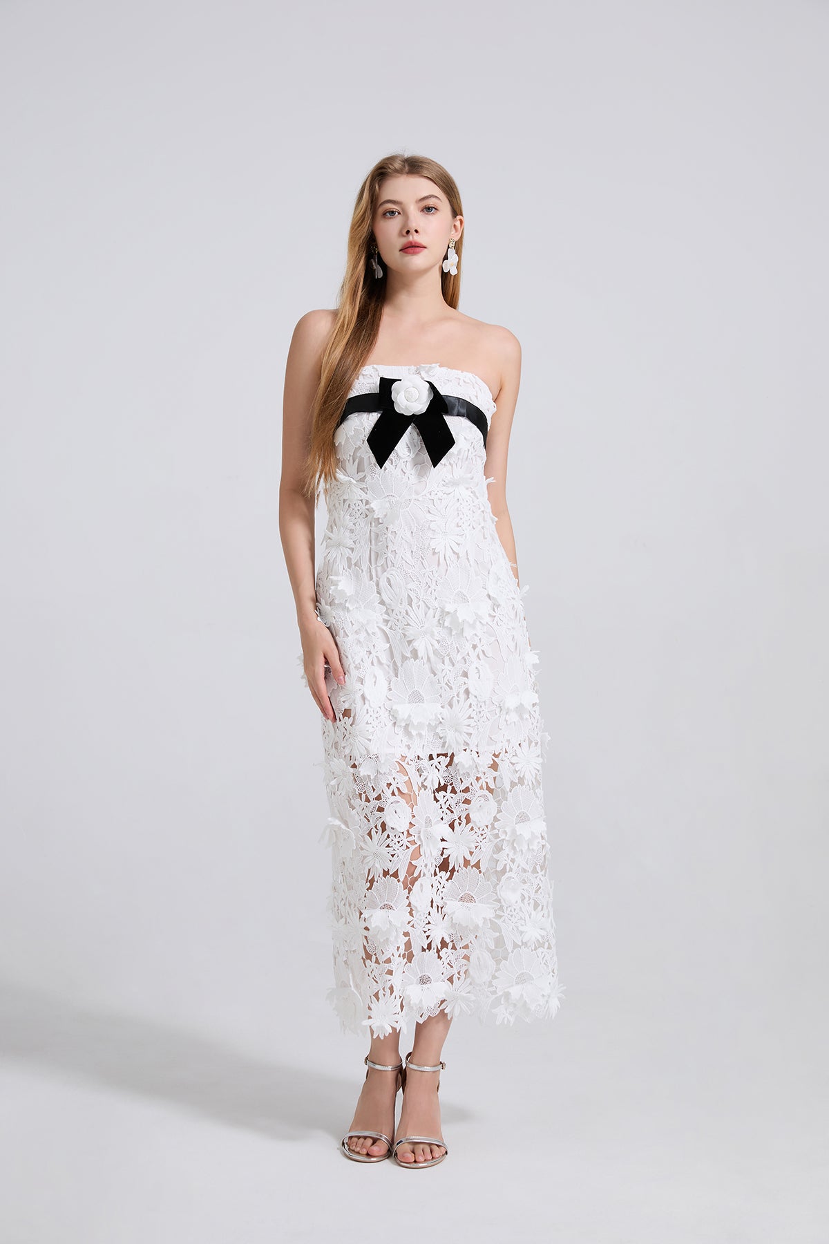 Women Lace Three Dimensional Flower Embroidery Elegant Dress