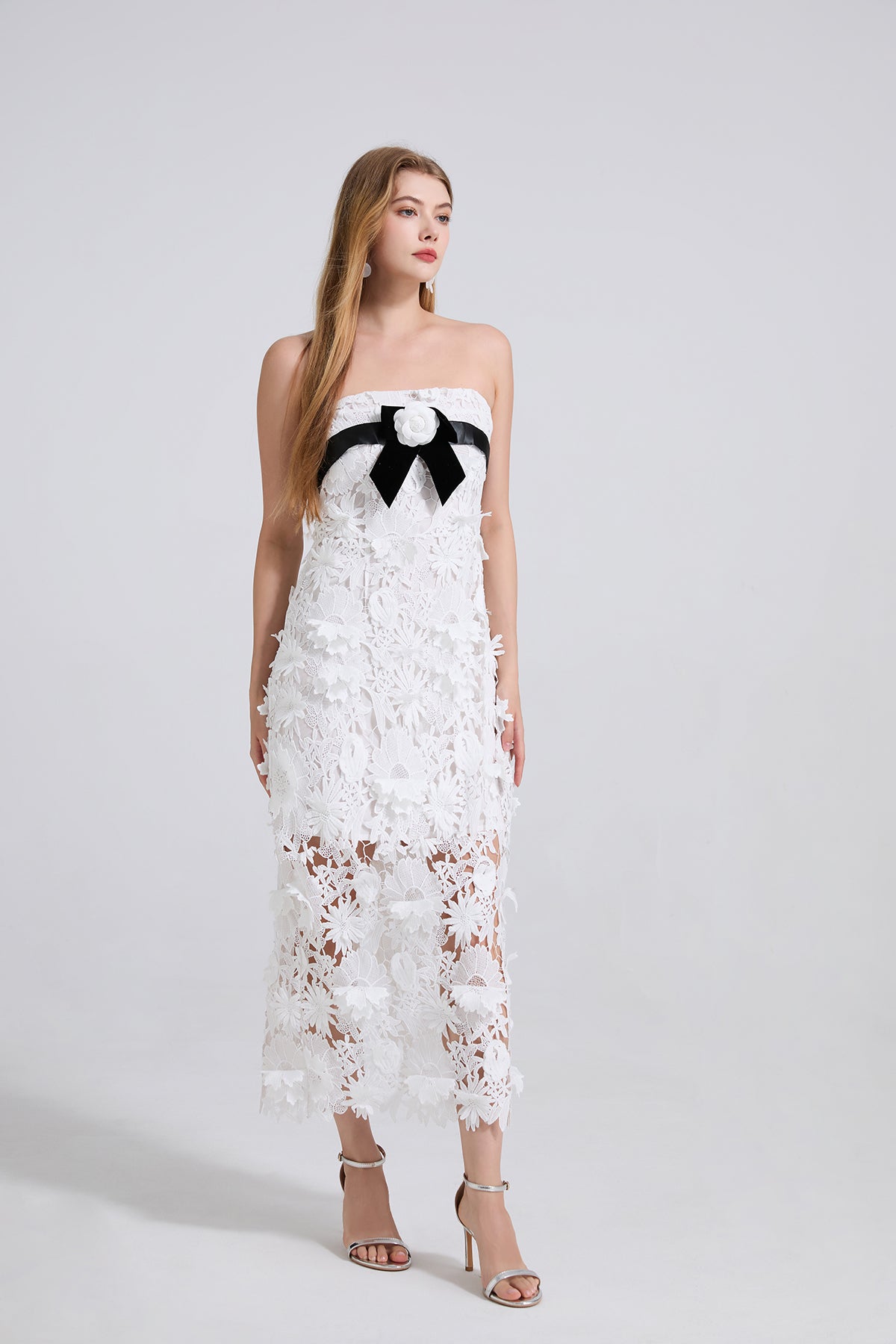 Women Lace Three Dimensional Flower Embroidery Elegant Dress