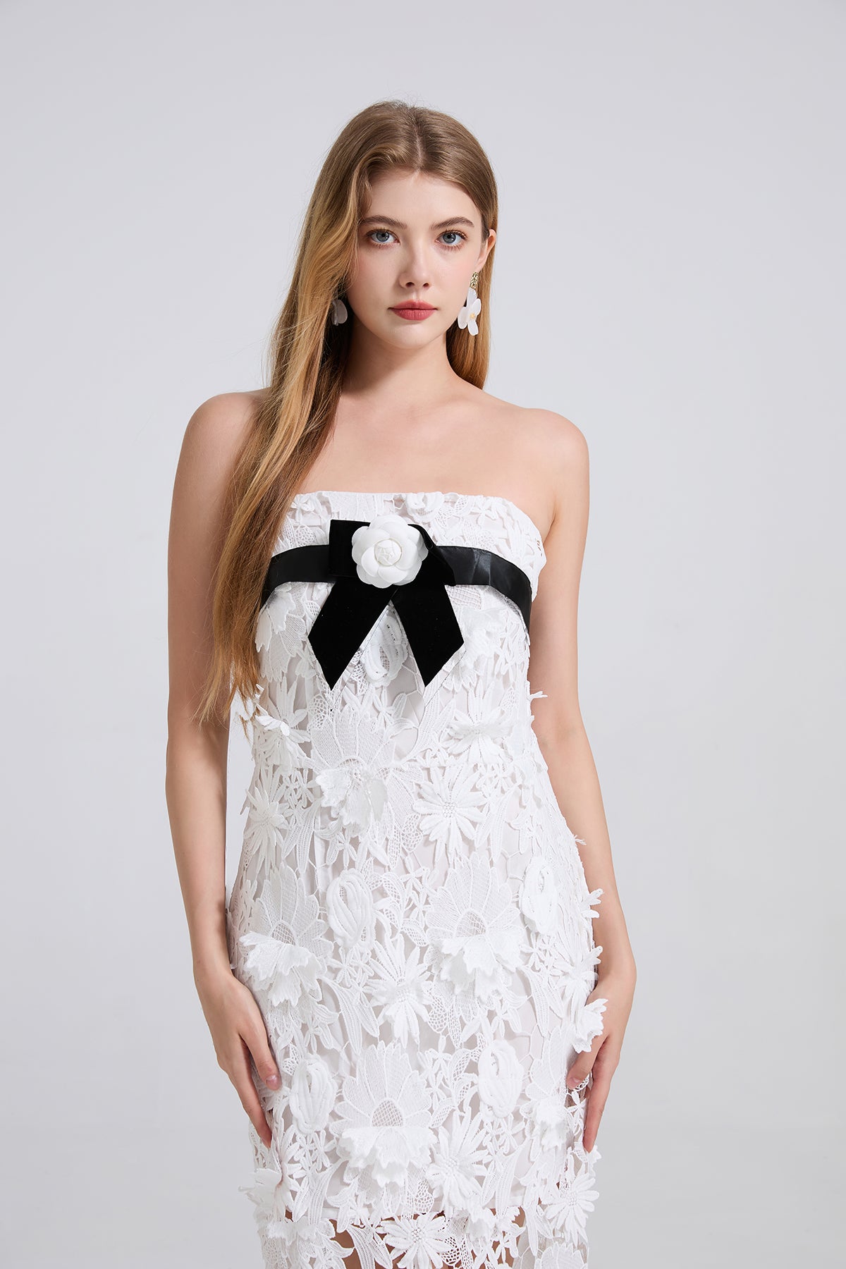 Women Lace Three Dimensional Flower Embroidery Elegant Dress