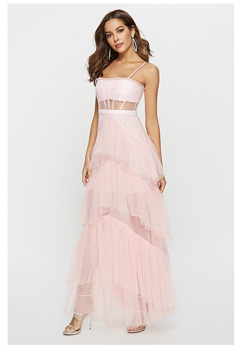 Summer Fairy Dinner Suit Waist Trimming Spaghetti Straps Dress Women Online Influencer Three Lines Tied Tiered Dress