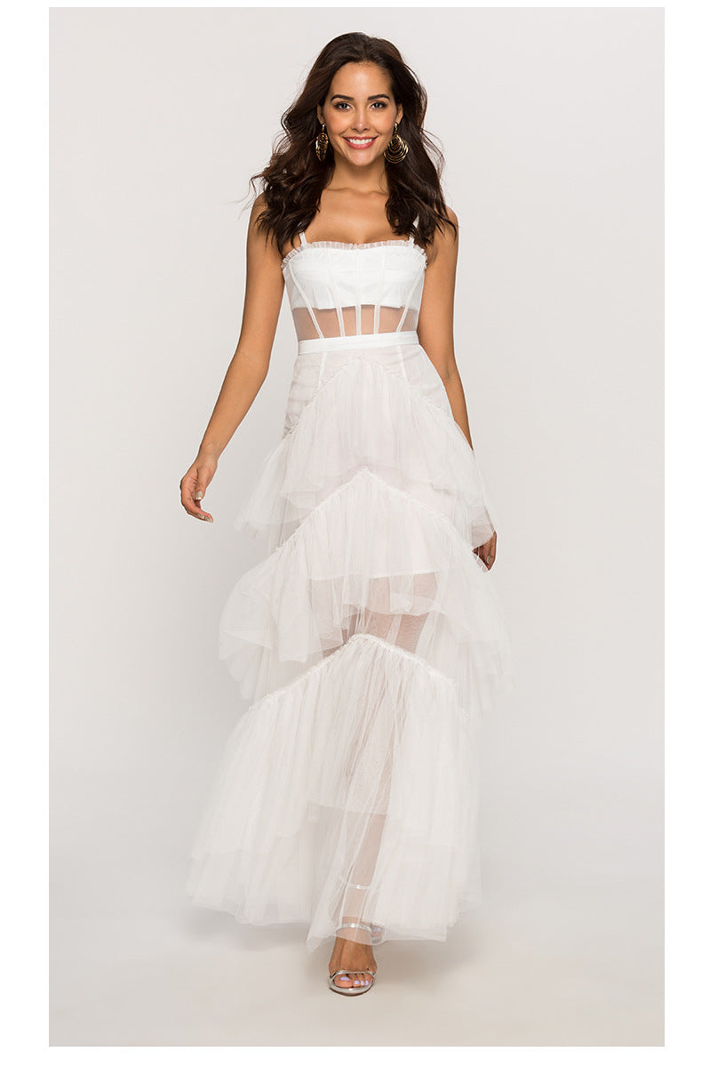 Summer Fairy Dinner Suit Waist Trimming Spaghetti Straps Dress Women Online Influencer Three Lines Tied Tiered Dress
