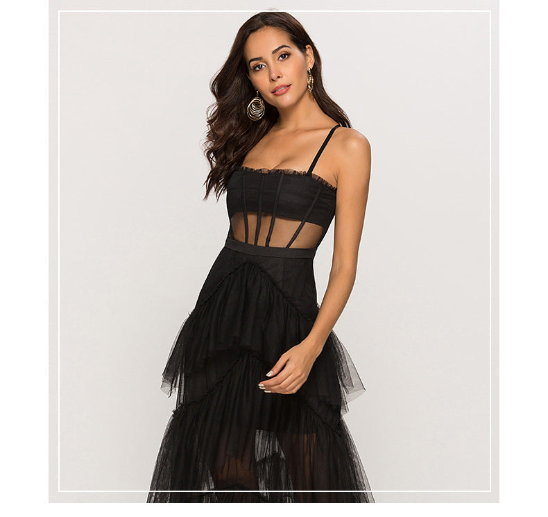 Summer Fairy Dinner Suit Waist Trimming Spaghetti Straps Dress Women Online Influencer Three Lines Tied Tiered Dress