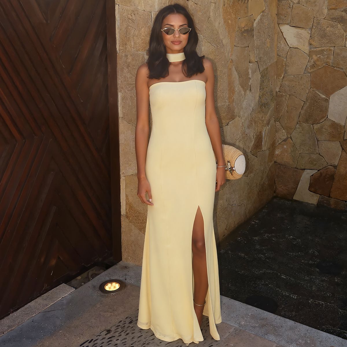 Women Clothing Summer Tube Top Slit Slim Fitting Solid Color Dress