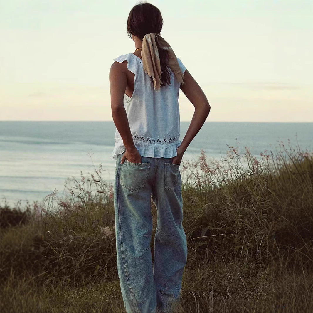 Autumn Washed out Vintage Mid Waist Elegant Denim Trousers Casual Pants Jeans