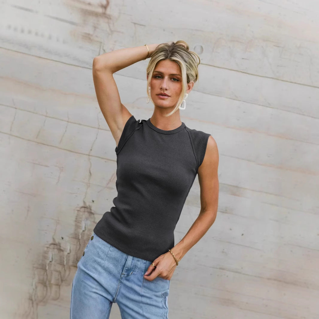 Summer Solid Color Sleeveless round Neck Slim Rib Sexy Top Vest Camisole Women