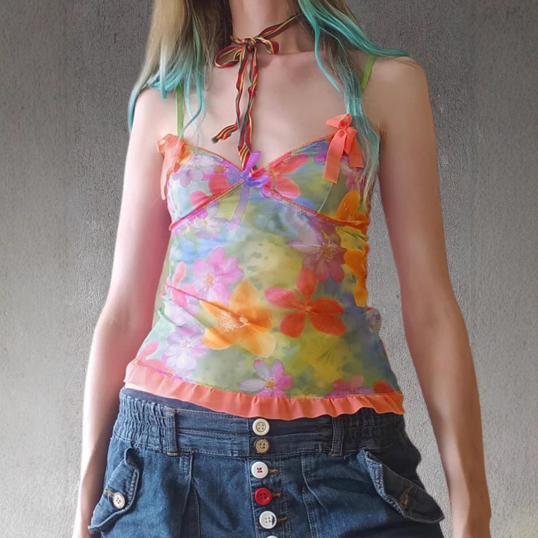 Sweet Sexy Bow Lace up Chest Floral Print See through Mesh Camisole Vest Beach Vacation Small Top
