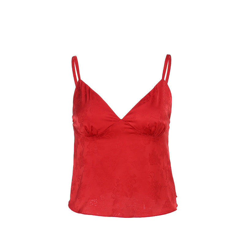 Satin Jacquard Sling Summer V neck Loose Top Women