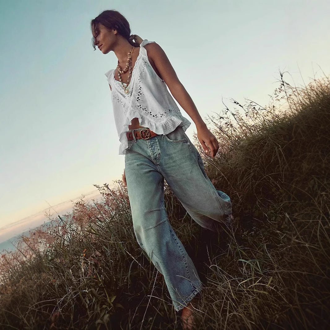 Autumn Washed out Vintage Mid Waist Elegant Denim Trousers Casual Pants Jeans