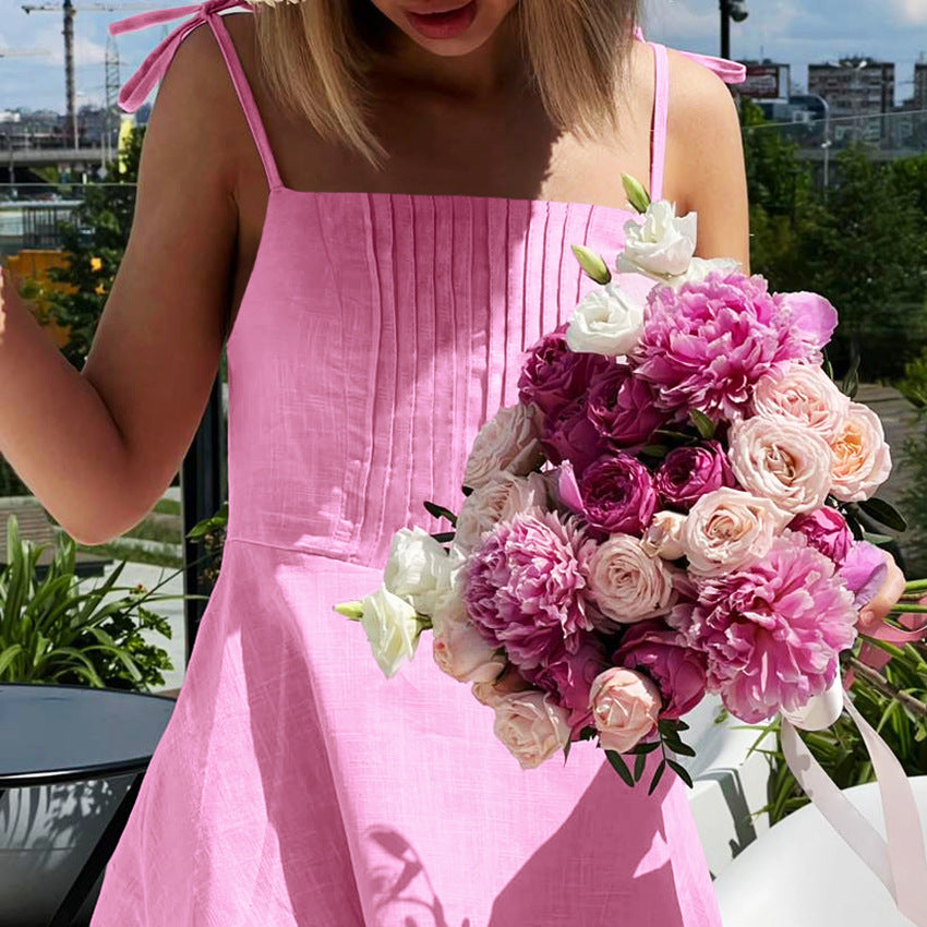 Summer Classic Sling Solid Color Cotton Linen Breathable Layered Ruffled Casual Dress Short for Women