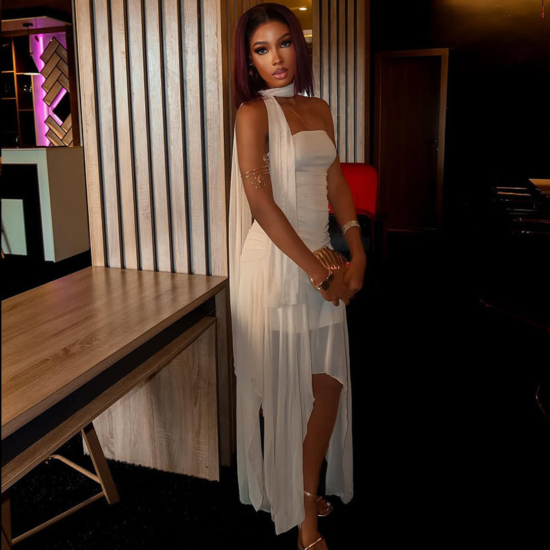 Solid Color Women Slim Fit Slightly Transparent Asymmetric Tube Top off Neck Strap Length Dress
