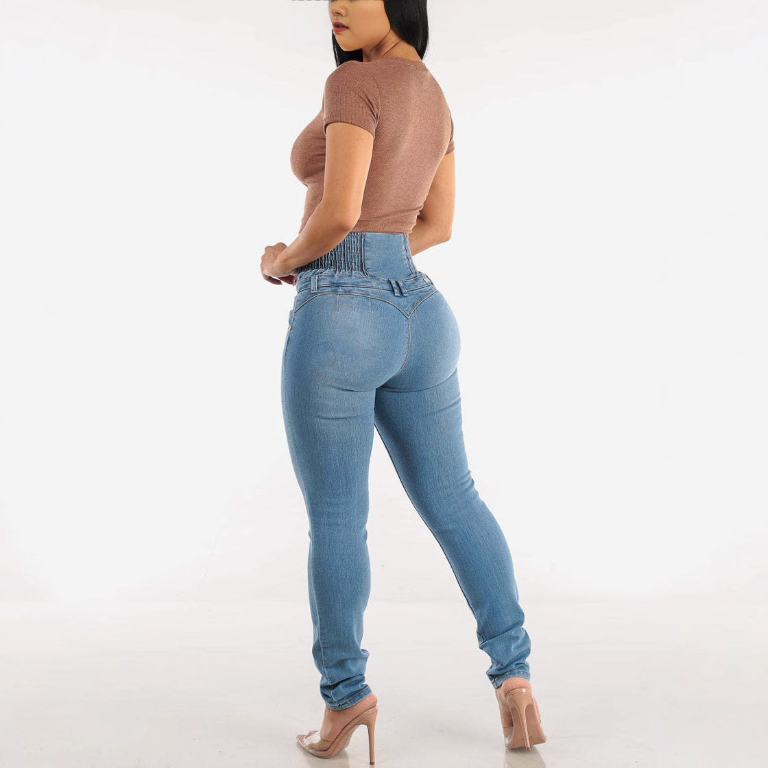 Elastic High Waist Breasted Jeans Women Clothing Spring Slim Fitting Slimming Hip Raise Long Skinny Pants