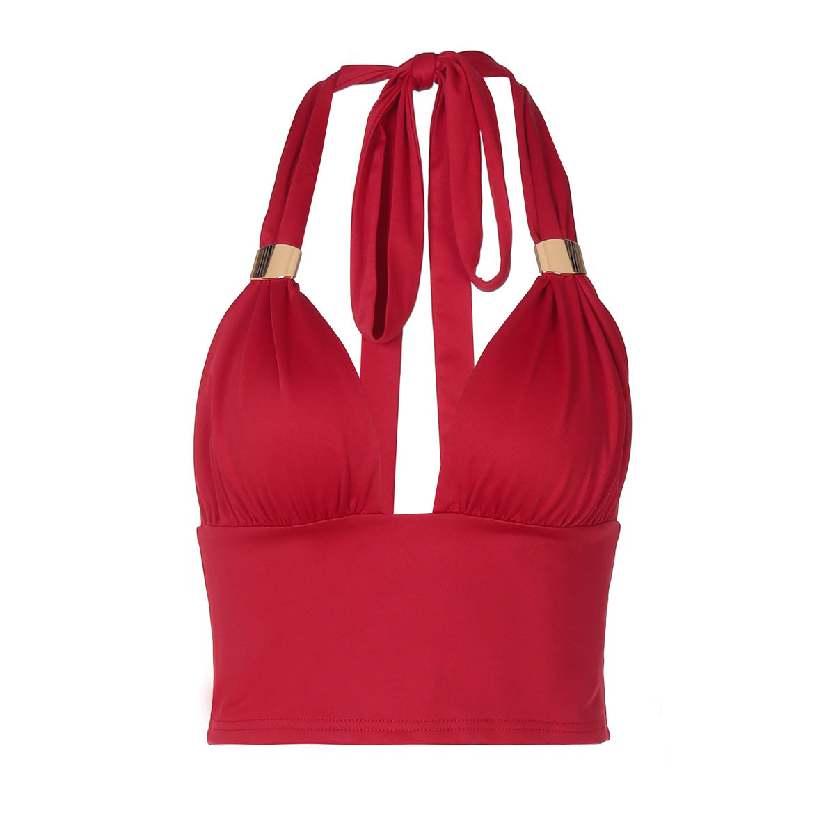 Women Clothing Summer Sexy Deep V Plunge Metal Decoration Halter Backless Slim Fit Tied Tube Top