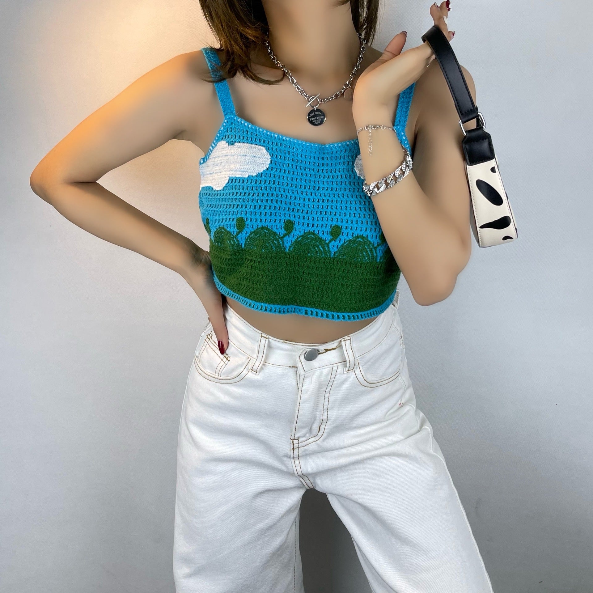 Spring Summer Fresh Blue Cloud Knitted Vest Camisole Exposed All Matching Short