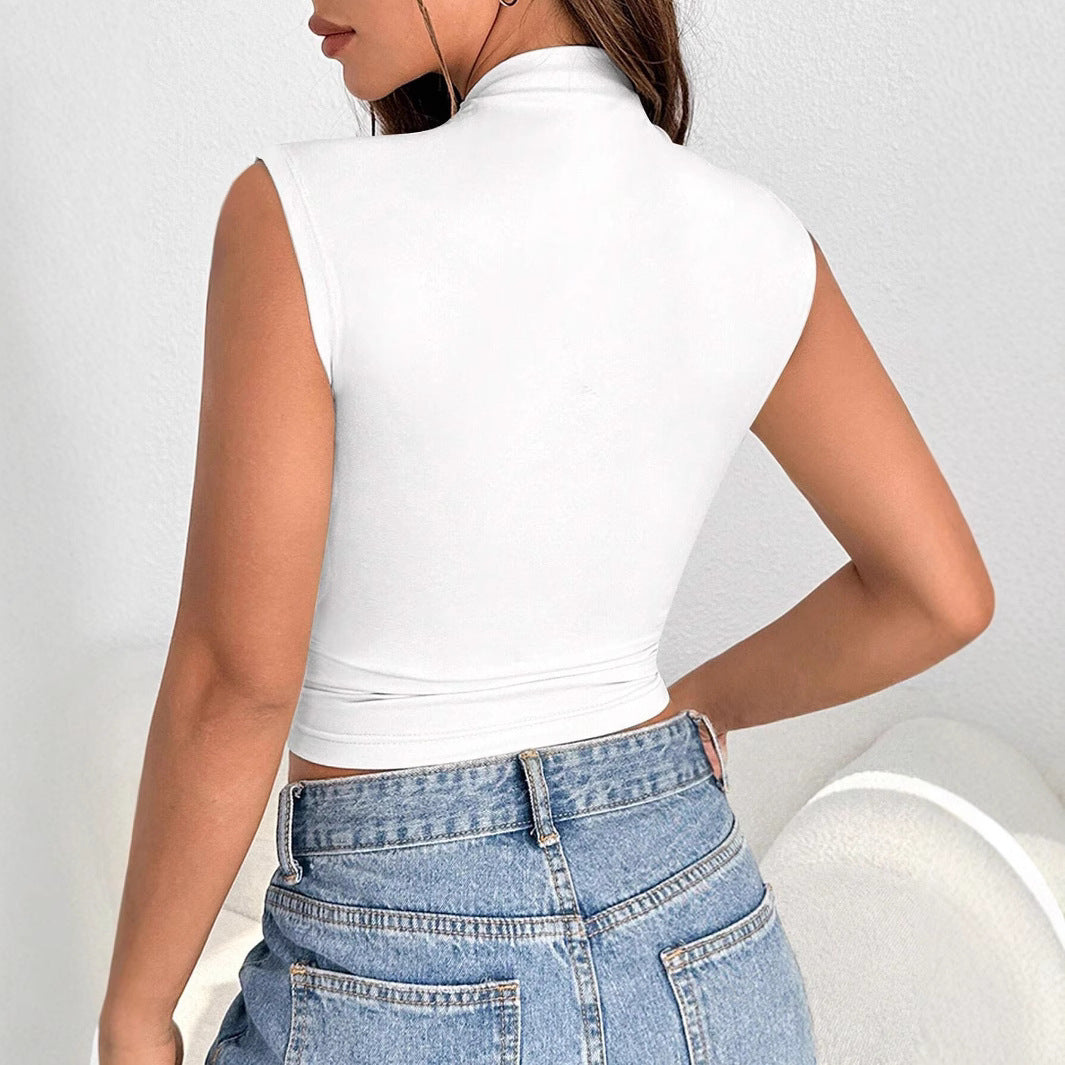 Women Sexy Slim Fit Knitted Top Short Stand Collar Solid Color Vest for Women