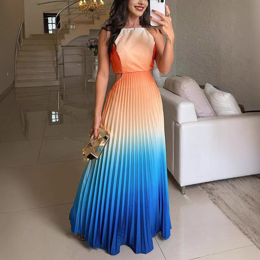 Sleeveless Pleated Backless Gradient Color Dress
