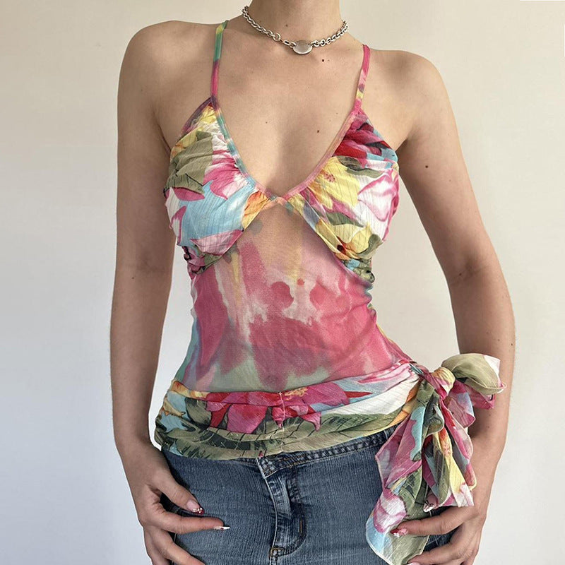 Women Clothing Vacation Color Abstract Printing Pleated V neck Bandage Bow Vest