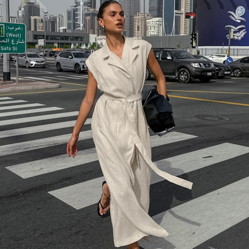 Women Cotton Linen Collar Belt Office Dress Spring Summer Dress