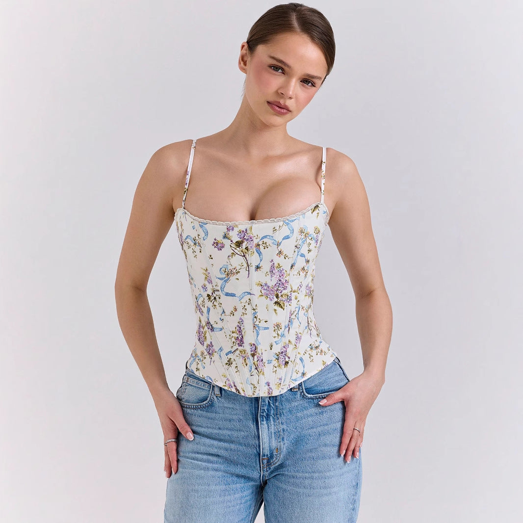 French Romantic Court Floral Purple Boning Corset Lace Splicing Sling Vest Sexy Cinched Waist Slim Fit Top