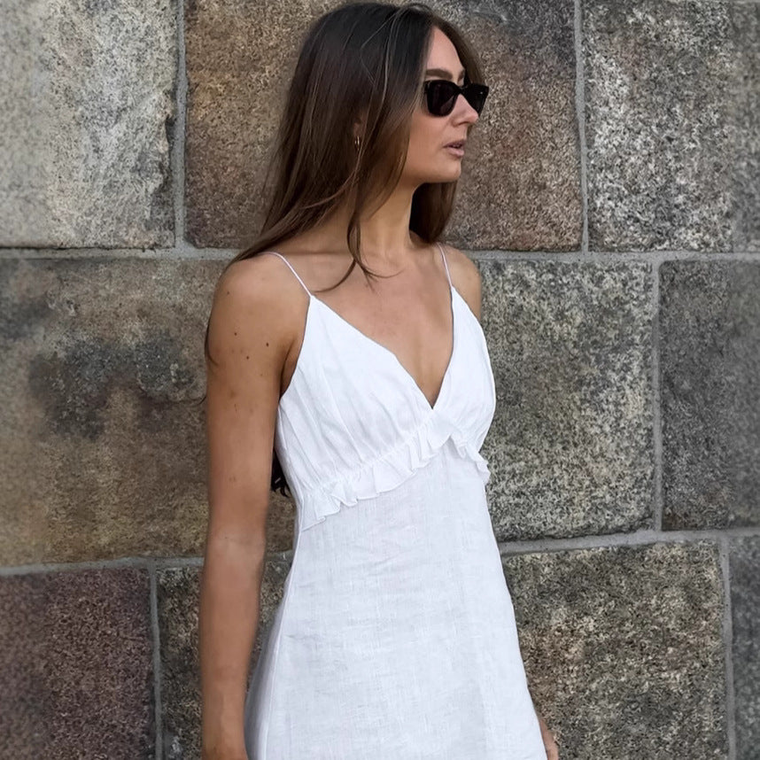 Sexy White Cotton Linen V neck Flounce Loose Sling Dress Spring Summer Vacation Maxi Dress