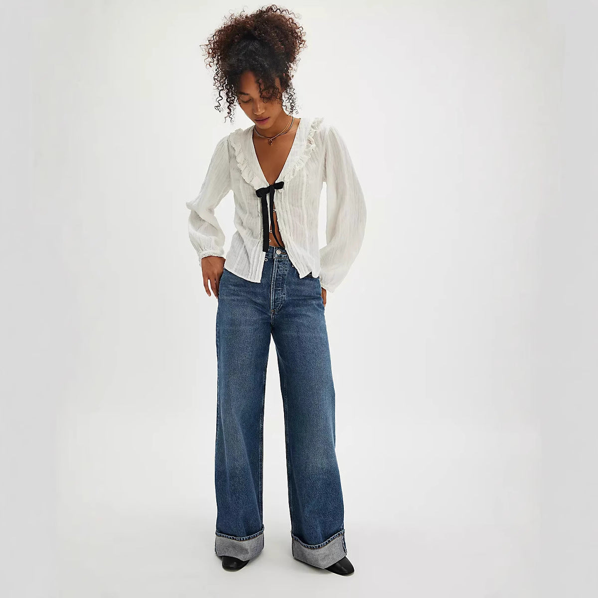 Retro High Waist Slimming Straight Casual Wide Leg Loose Washed Design Jeans