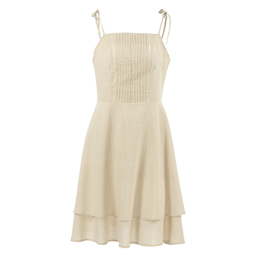 Summer Classic Sling Solid Color Cotton Linen Breathable Layered Ruffled Casual Dress Short for Women