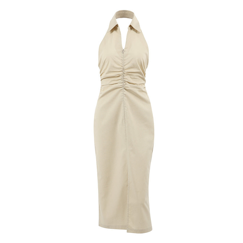 French Khaki Cotton Linen Slim Fit Waist Tight Dress Spring Summer Midi Dress for Women